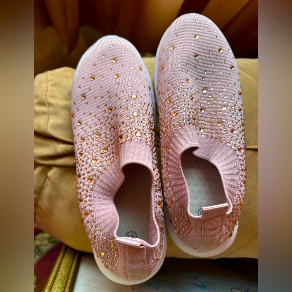 Pull on stretch sneakers.  Bedazzled pink, white sole. Like new! Size 10